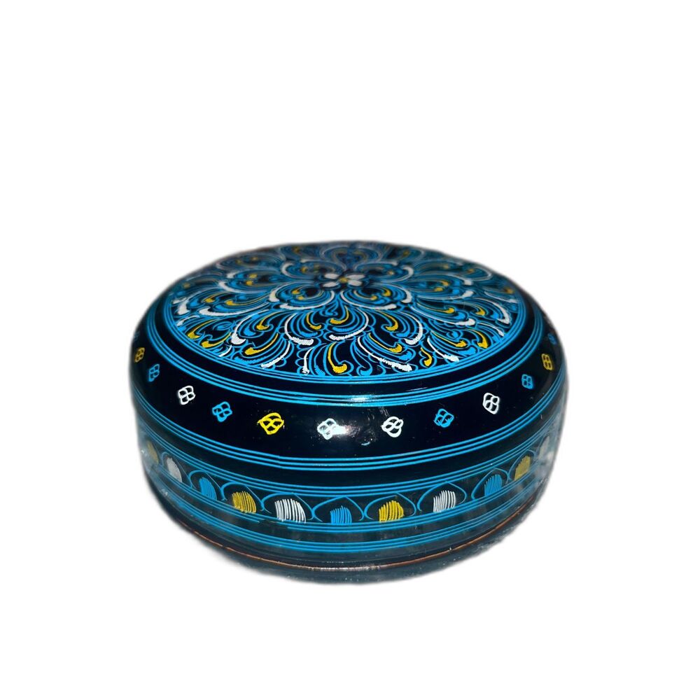Black Lacquerware Wood Trinket Jewel Box Blue, White, Gold Etched Mandela Design